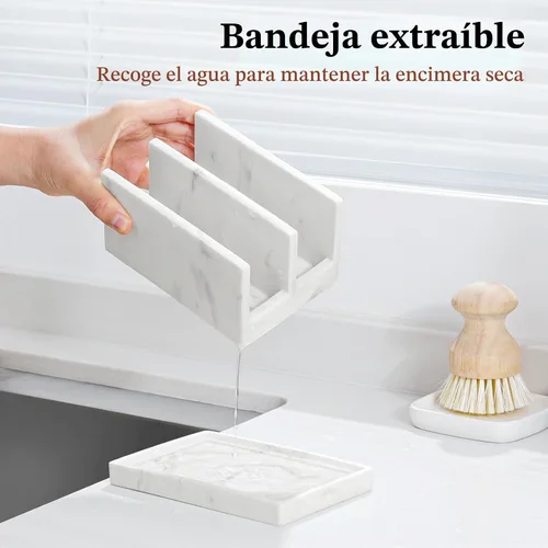 Vista 3 de Luxspire Soporte para esponja de cocina, soporte para esponja de platos con bandeja de drenaje, soporte de esponja de mármol para fregadero