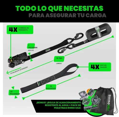 Vista 5 de Rhino USA - Correas de trinquete de amarre (4), 1 pulgada x 15 pies (resistencia 1823 libras), con ganchos en S de seguridad, alta calidad para Negro