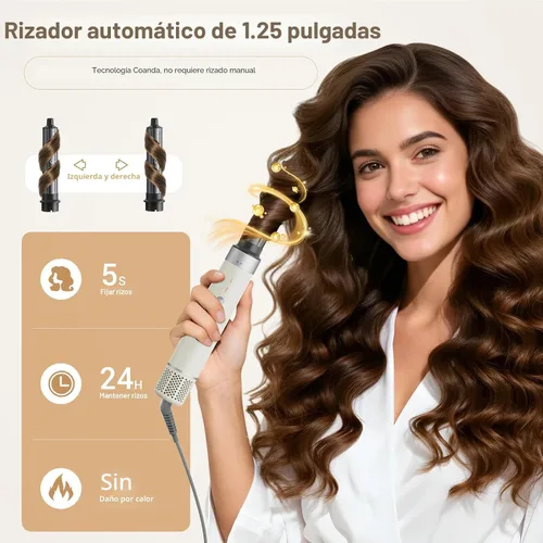 Vista 4 de Estilizador de cabello 6 en 1, secador de pelo iónico de alta velocidad con rizadores de envoltura automática, cepillo ovalado y voluminizador, sin