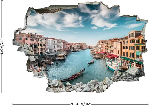 Vista 3 de Calcomanía de pared con diseño del canal de Venecia de Barcos Italia, diseño de paisaje 3D, extraíble, PVC, divertido arte de pared, decoración
