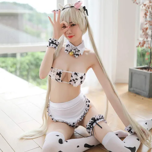 Vista 2 de Joyralcos - Conjunto de lencería de vaquita dálmata y leopardo para cosplay de anime sexy conjunto de bikini
