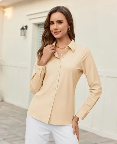 Vista 3 de Camisa con botones para mujer, ajustada, elástica, sin arrugas, para mujer, de manga larga, con cuello, blusa de trabajo para uso casual
