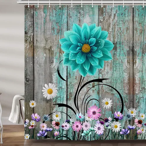 Vista 7 de Cortina de ducha rústica con diseño floral, cortina de ducha rústica con margaritas, cortina de ducha de madera rústica con ganchos, 36 x 72 Verde