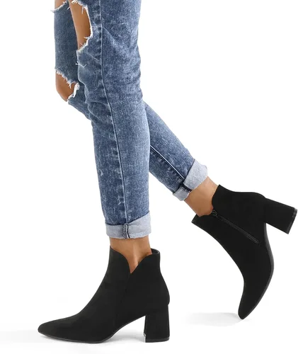 Vista 2 de mysoft Botines de tobillo para mujer con tacón bajo grueso de bloque, cómodos, punta puntiaguda, corte lateral en V, elegantes botines de oficina