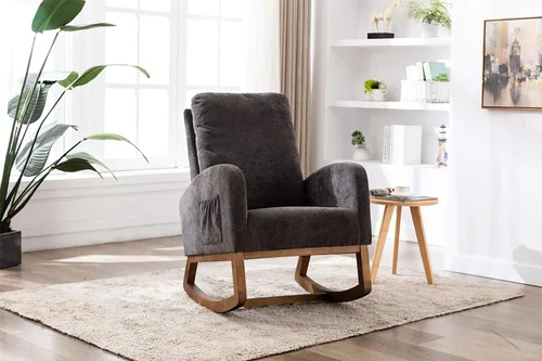 Vista 4 de Mecedora de madera tapizada de tela, silla mecedora de respaldo alto copetuda con asiento y respaldo acolchados, silla mecedora para cuarto de bebé