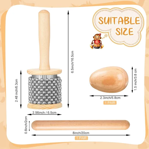 Vista 2 de Nuanchu Juego de 5 piezas de instrumentos de percusión de mano de madera, mini cabasa de madera con panes de acero inoxidable, instrumento musical