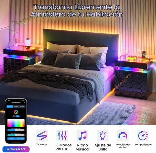 Vista 5 de Vlsrka Mesita de noche con luces RGB, soporte de noche inteligente con Negro