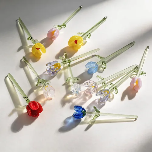 Vista 2 de 12 piezas de mini figuras de flores de vidrio sopladas a mano ramo de Multicolor 1