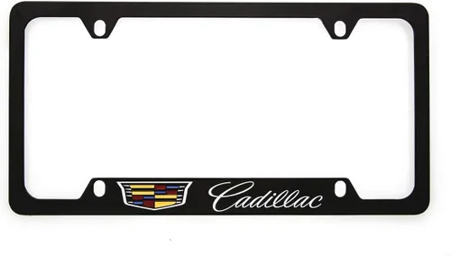 Vista 5 de Cadillac con Crest marco de matrícula de zinc con acabado negro brillante (2 agujeros)