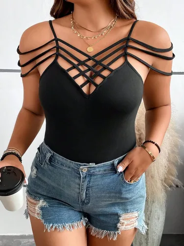 Vista 5 de SOLY HUX Women's Plus Size Bodysuit Criss Cross Front Spaghetti Strap Cami Bodysuit Tops