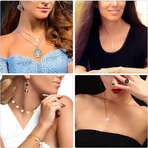 Vista 6 de Thrilez - Juego de 24 collares escalonados para mujeres adolescentes y niñas colores dorado y plateado simple y moderno joyería para usar
