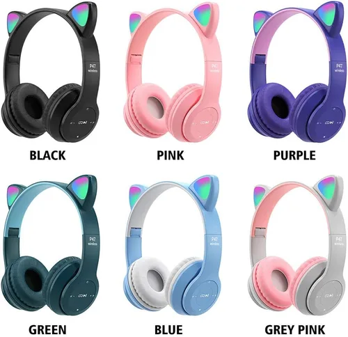 Vista 4 de IUYYPU auriculares de gato auriculares para juegos, auriculares inalámbricos para juegos lindos orejas de gato con luces LED, auriculares plegables