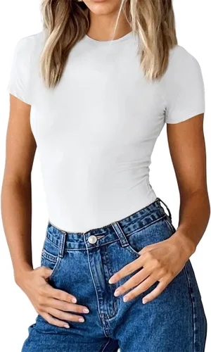 Vista 3 de Ezbelle Body sexy de manga corta para mujer, moldeador, cuello redondo, camisas básicas Y2K, monos de una pieza