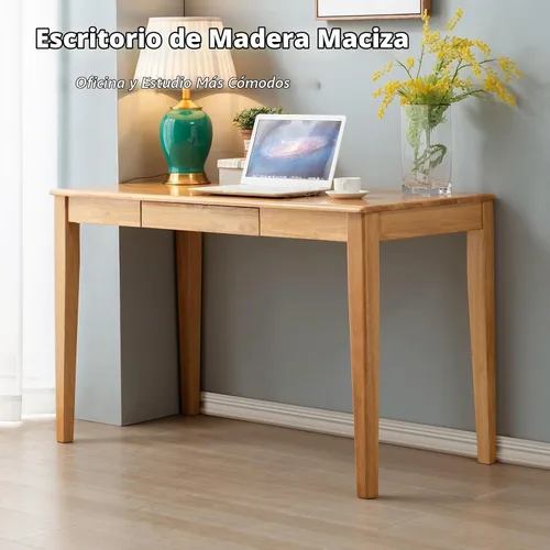 Vista 4 de Escritorio de madera maciza con cajón, escritorio de madera para oficina en casa para el trabajo, escritorio de computadora para estudiantes