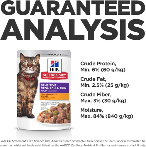 Vista 10 de Hill's Science Diet Alimento húmedo para gatos con estómago y piel sensible para adultos, pollo y carne de res, bolsas de 2.8 onzas, paquete de 24