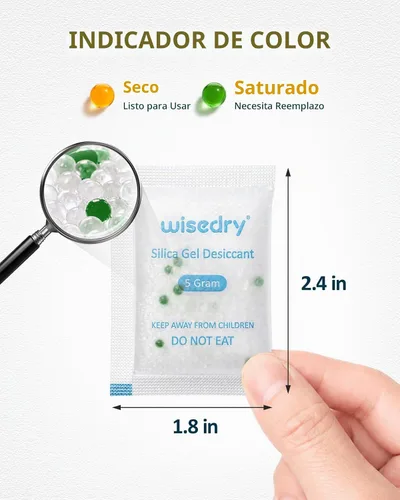 Vista 6 de Wisedry 5 Gram [60 Paquetes] Bolsas de Gel de Sílice de Grado Alimentario Recargables Deshumidificadores Desecantes con Cuentas Indicadoras