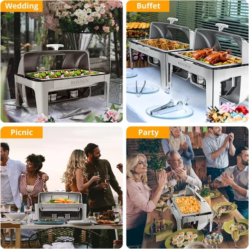 Vista 2 de ROVSUN Juego de 3 platos de bufé con tapa enrollable, 9 cuartos de galón de acero inoxidable NSF rectangular para catering, servidores de bufé