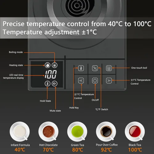 Vista 4 de Hervidor eléctrico de cuello de cisne con control de temperatura de ± 1 ℉ y mantiene el calor para verter sobre café y té, hervir rápidamente, acero