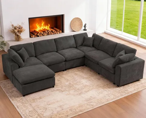 Vista 19 de Sofás modulares de nube seccionales para sala de estar, sofá modular grande con otomana, sofá de 3 plazas en forma de L con almohada, color beige