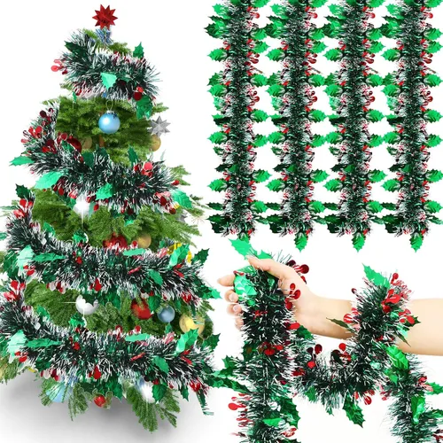 Vista 9 de Guirnalda de Navidad de 72 pies de oropel brillante, guirnalda metálica con brillo, serpentinas, adornos, larga, brillante, guirnalda colgante