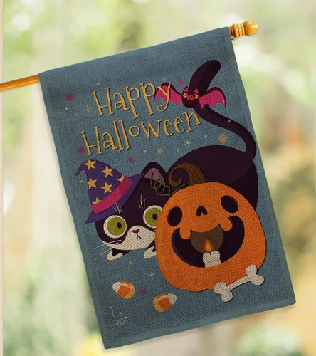 Vista 10 de Juego de bandera de casa de arpillera de gato brujo para otoño, Halloween, truco o trato espeluznante noche negro temporada otoño calabaza