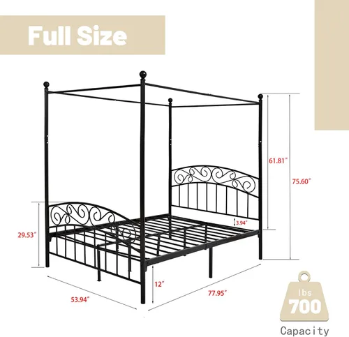 Vista 2 de Marco de cama con dosel de tamaño matrimonial, color negro Cama de plataforma de metal, fácil montaje, sin ruido, cabecero y estribo, soporte