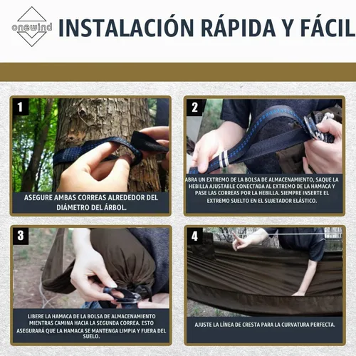 Vista 5 de Onewind Hamaca de Acampar de 11 pies con Mosquitera y Línea de Cresta Ajustable, Hamaca Doble Portátil Ligera con Correas para Árboles y Red Marrón