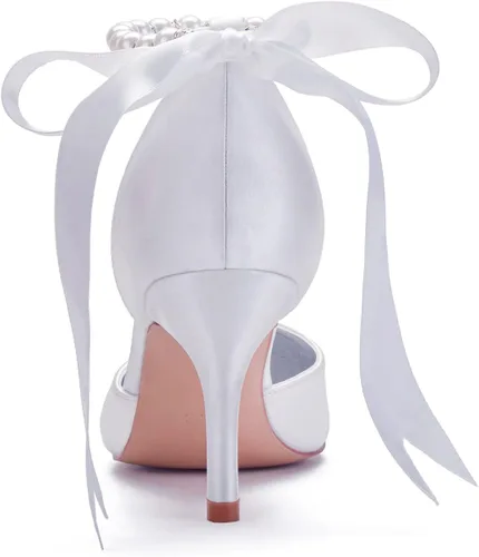 Vista 4 de Zapatos de boda blancos perla para novia de tacón alto puntiagudo zapatos de novia de satén vestido de fiesta de baile sandalias