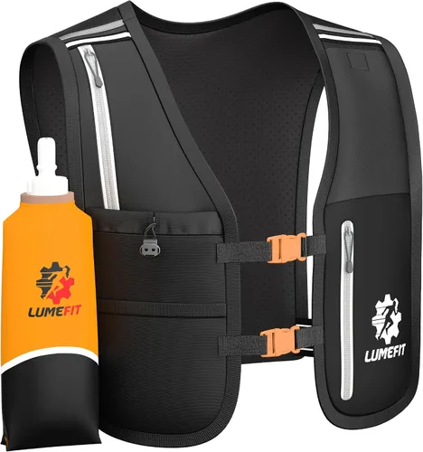 Vista 8 de LUMEFIT Chaleco para correr con soporte para teléfono, chaleco de hidratación con botella de agua, chaleco reflectante para hombres y mujeres