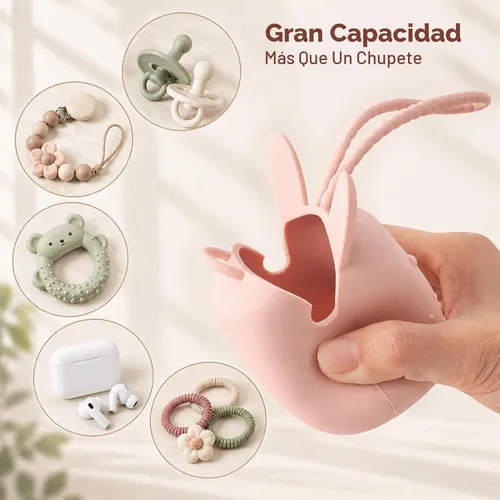 Vista 3 de ROCCED Funda de silicona para chupetes con diseño de conejito con correa de silicona suave, almacenamiento de viaje para cochecito y bolsa
