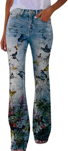 Vista 3 de Pantalones casuales sueltos con estampado floral para mujer, cintura alta, micro acampanados, desgastados, pantalones de mezclilla de pierna recta
