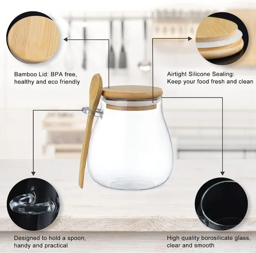 Vista 5 de Joeyan Tarro de vidrio con tapa hermética de bambú y cuchara adjunta, recipiente de condimentos para especias de azúcar y sal de 12 onzas, olla