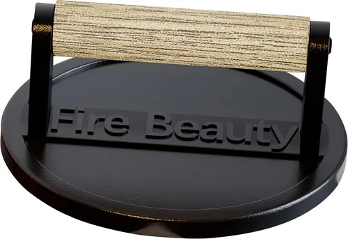 Vista 4 de Fire Beauty Prensa de hamburguesa de hierro fundido con mango de madera para parrilla de plancha Color de madera+superficie esmaltada