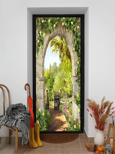 Vista 27 de artfanke Murales 3D de bosque caducifolio amarillo para puerta, 30.3 x 78.7 pulgadas, calcomanías autoadhesivas para puerta, póster de bricolaje