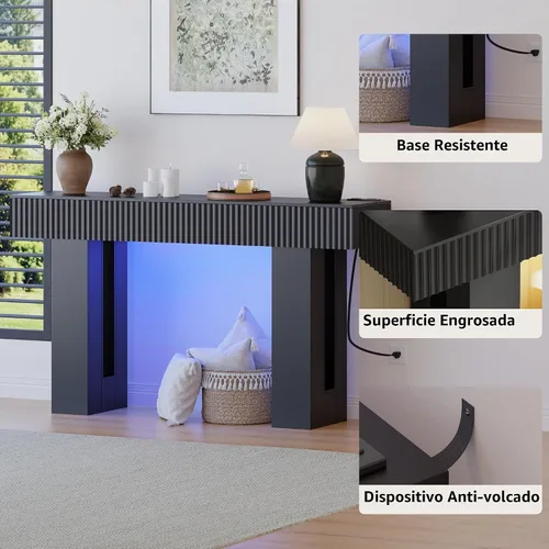 Vista 7 de Mesa de entrada de 60 pulgadas de largo con toma de corriente integrada y luz RGB controlada por aplicación y botón, mesa consola de madera gruesa