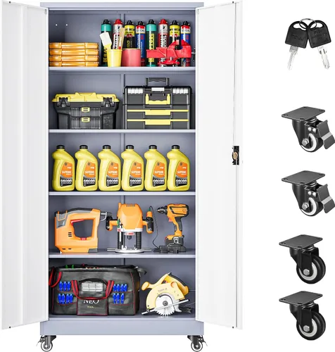 Vista 26 de SISESOL Gabinete de almacenamiento de metal ancho y profundo con ruedas, gabinete de almacenamiento de garaje alto rodante con cerradura, gabinetes