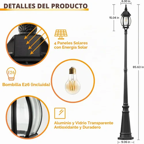 Vista 3 de LUTEC Lámpara solar para poste, luz de poste impermeable del anochecer al amanecer con vidrio transparente, exterior de aluminio vintage negro