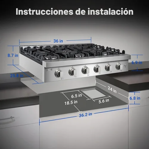 Vista 3 de AAOBOSI Placa de cocina de gas de 36 pulgadas con 6 quemadores, estufa de acero inoxidable integrada de 78,000 BTU, estufa comercial independiente