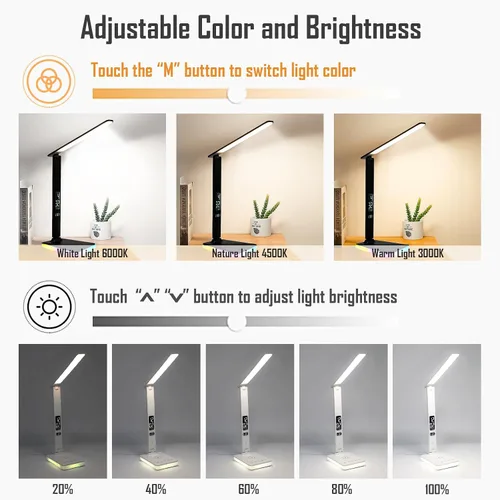 Vista 3 de Lámpara de escritorio LED con carga inalámbrica y por cable, luz de mesa plegable, 5 modos de brillo y 3 modos de iluminación, pantalla de tiempo