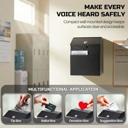 Vista 7 de Flexzion Caja de sugerencias con candado, caja de metal con ranura, caja de donación de montaje en pared con candado para boleta, tarjetas