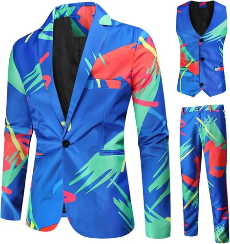 Vista 2 de AMTF Conjunto de trajes de blazer para hombre, de moda, casual, estampado, chaleco, pantalones, conjunto de 3 piezas, chaleco y pantalones