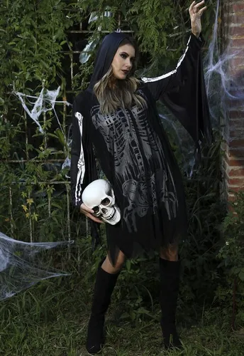 Vista 2 de For G and PL Disfraz de poncho de esqueleto de Halloween para mujer, vestido con capucha y capa de tul
