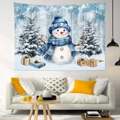 Vista 2 de HVEST Tapiz navideño de invierno para colgar en la pared, muñeco de nieve divertido con sombrero azul y tapices de regalo de Navidad, tapiz de pino