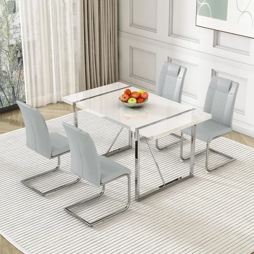 Vista 11 de Juego de mesa de comedor para 4, juego de mesa de cocina rectangular de MDF blanco con sillas de comedor de cuero, juego de 4, juego de mesa