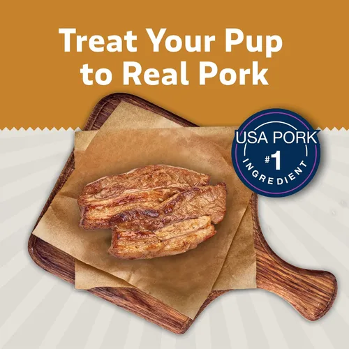 Vista 3 de Blue Buffalo Sizzlers Golosinas para perros estilo tocino con cerdo real de Estados Unidos, sabor cheddar, bolsa de 15 onzas