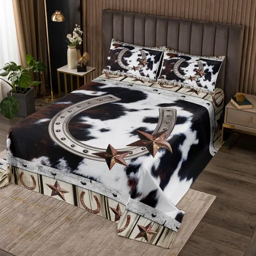 Vista 8 de Colcha de caballo de girasol, tamaño individual, ropa de cama acolchada de herradura con estrellas del oeste de Texas para cabaña rústica de granja