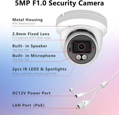 Vista 3 de Cámara IP PoE a todo color de 5MP, cámara IP de seguridad de apertura F1.0 con conversación bidireccional, ranura para tarjeta SD