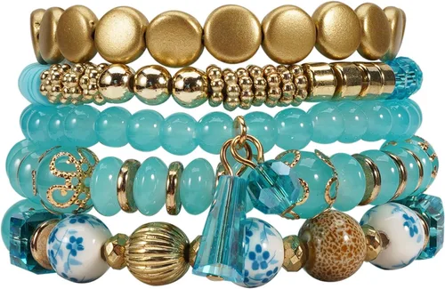 Vista 21 de 4 piezas de juego de pulseras bohemias apilables de múltiples capas con cuentas de cristal coloridas, pulseras elásticas con cuentas de oro Verde