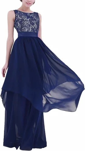Vista 2 de FEESHOW Vestido de noche largo de gasa con encaje en la espalda en V para mujer