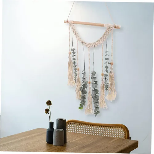 Vista 6 de DECHOUS Tapiz de algodón de macramé, 1 juego, tapiz de algodón, guirnalda verde, decoración de madera, beige, escultura de boda, macramé para colgar